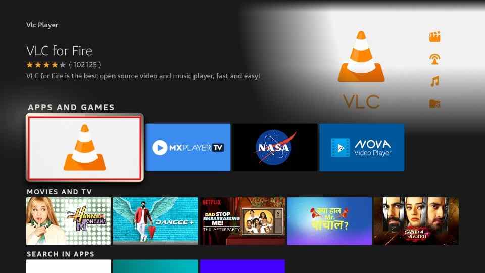 Search VLC player using the virtual keyboard