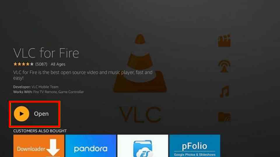 Once Installation is done, select Open to use VLC on Amazon Fire TV Stick