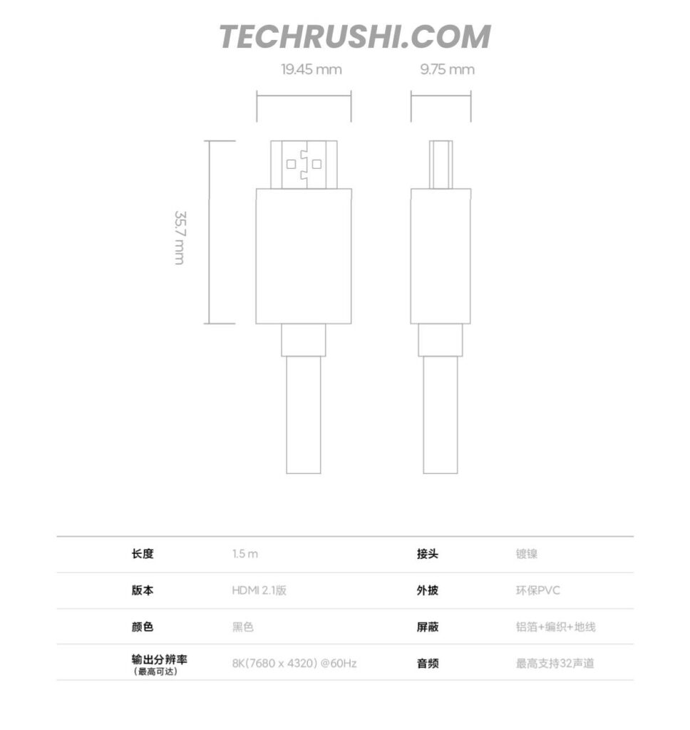 Xiaomi 8K HDMI 2.1 Cable dimension