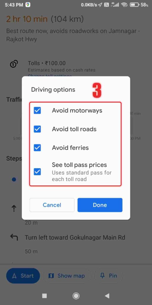 enable google toll for motorcycles