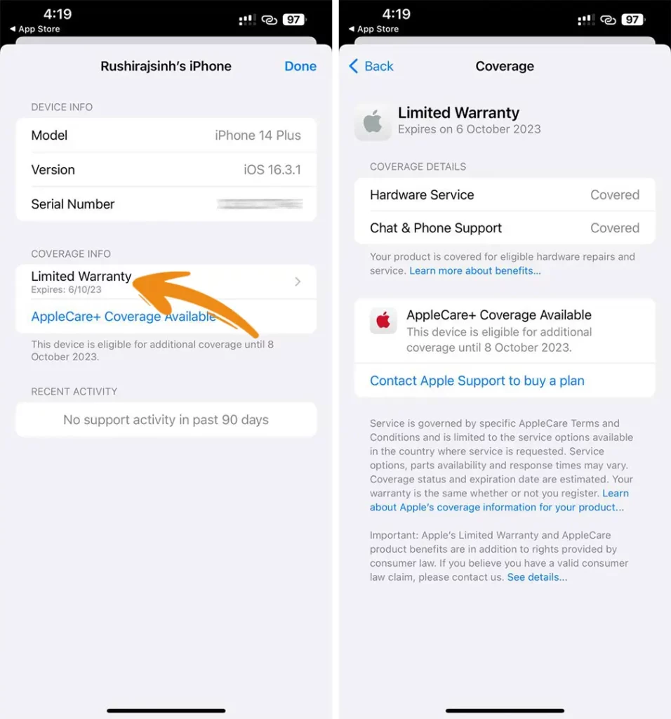 Check iPhone Warranty status Using Apple Support App 3
