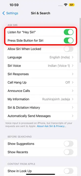 Enable Listen to Hey Siri and Press Side Button for Siri