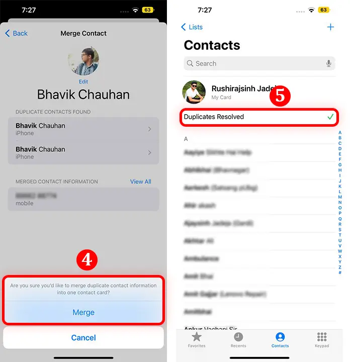 find and Merge Duplicate contacts on iPhone