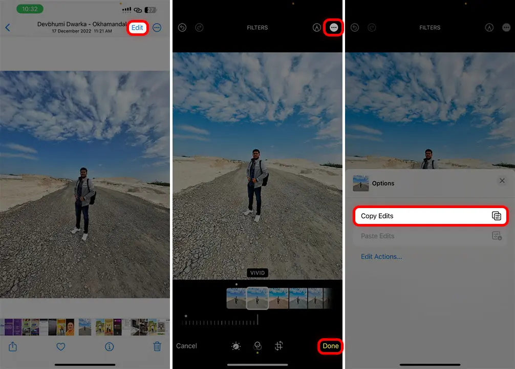 Copy edits from the photo to Edit Multiple Photos at Once on iPhone