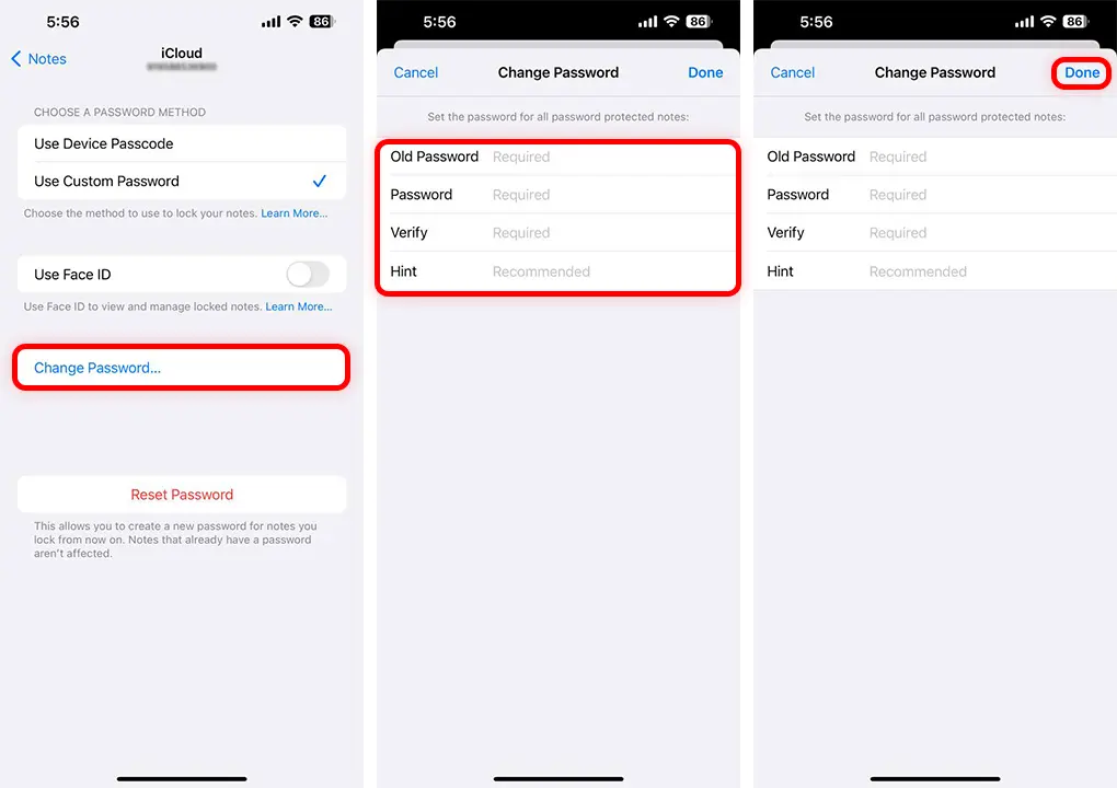 How to change notes password on iPhone