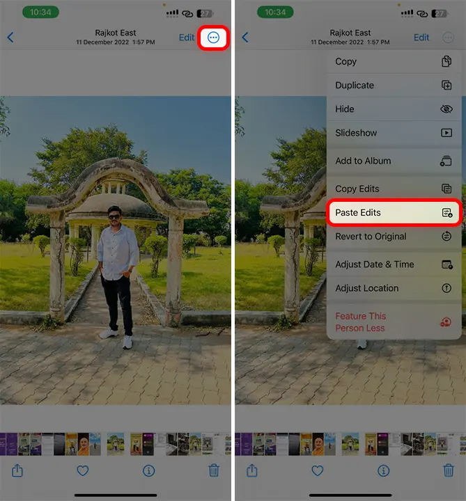 Paste the copied edits to Edit Multiple Photos at Once on iPhone