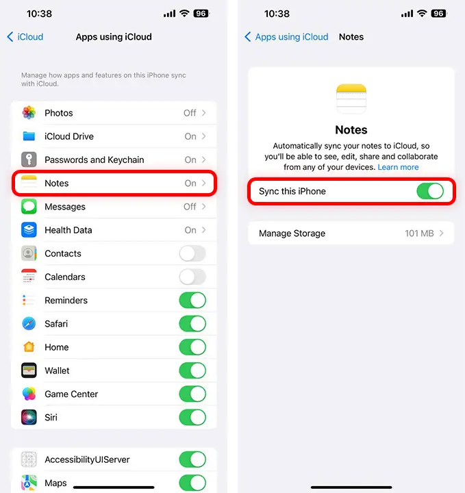 how to Disable notes syncing on iOS