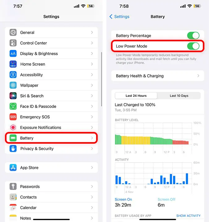 save battery life on iPhone with Enable Low Power Mode