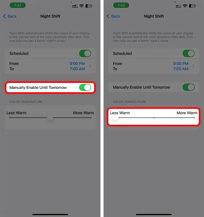 Adjust night shift color temperature