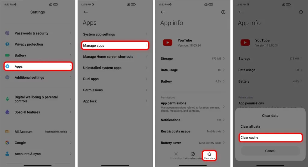 Clear YouTube app Cache file