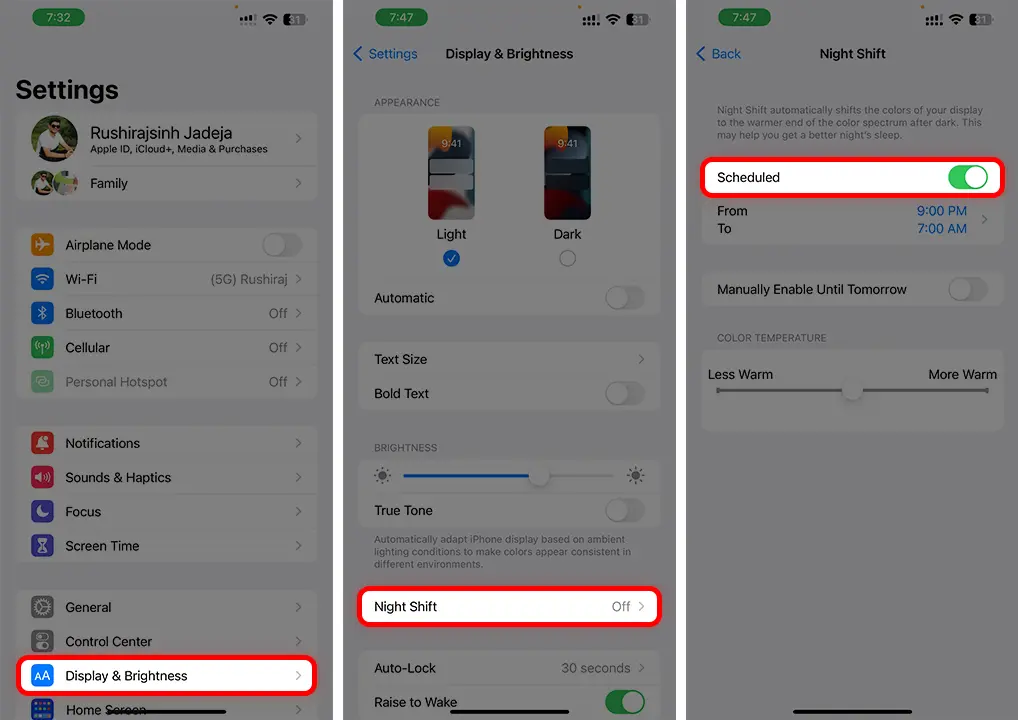 Enable Night Shift Mode on iPhone using Settings