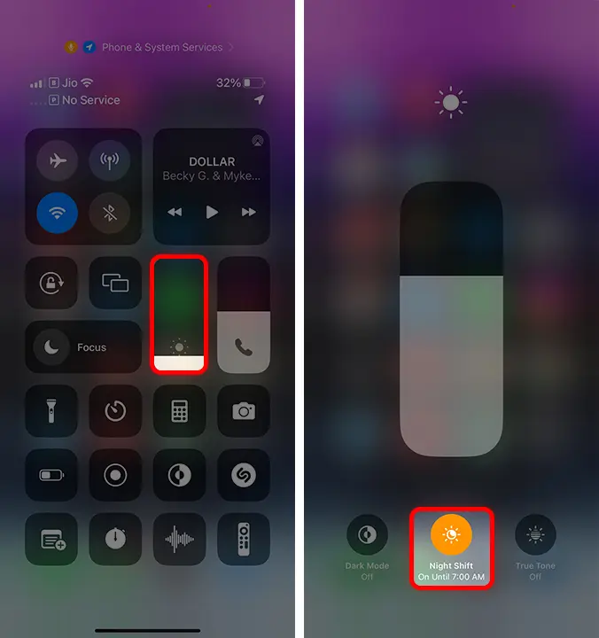 Enable Night Shift Mode on iPhone using the control center