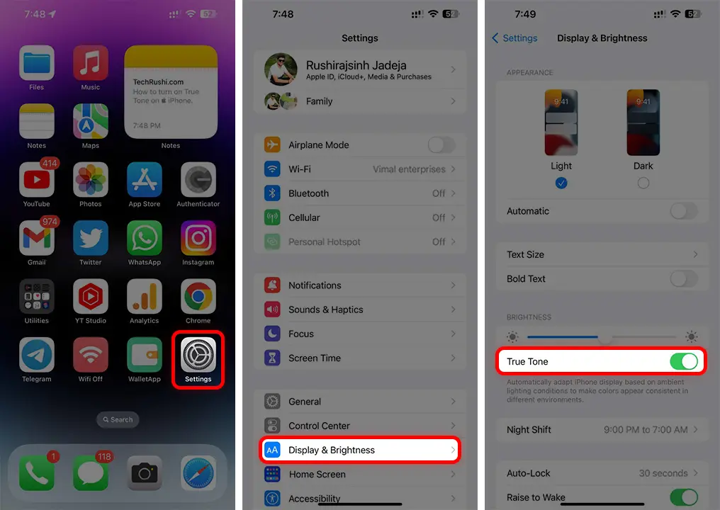 Turn on True Tone on iPhone using Settings