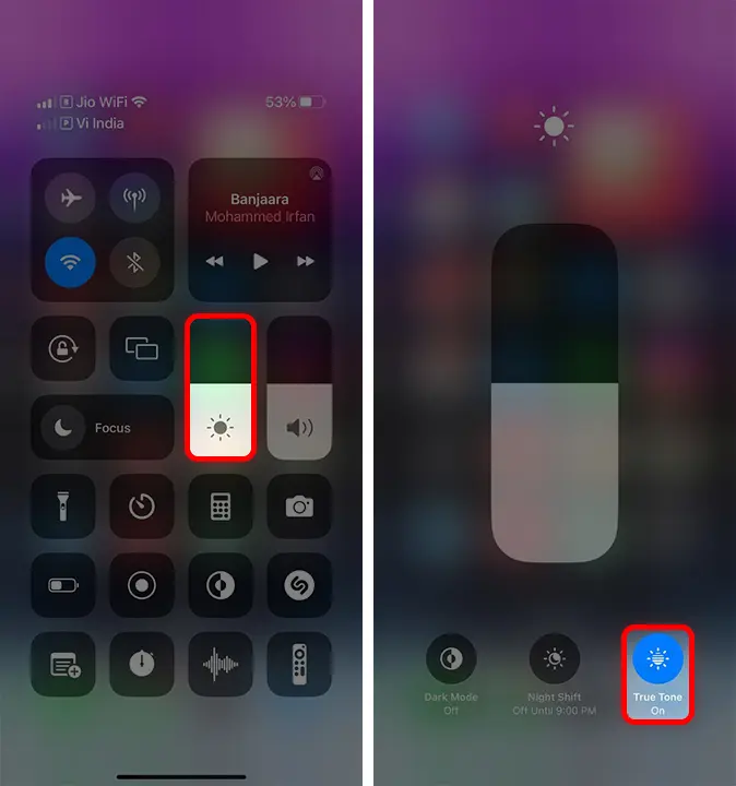 Turn on True Tone on iPhone using the Control center