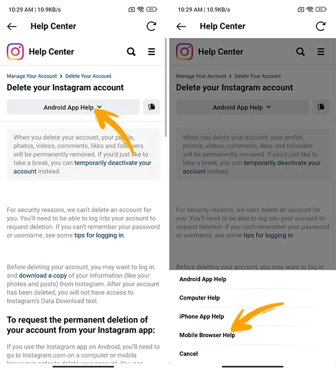 Delete Instagram Account on Android 5