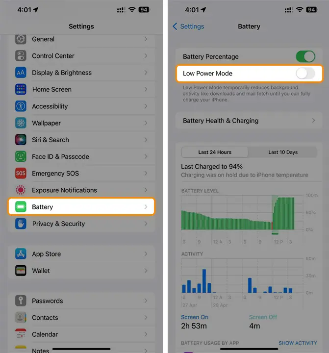 Disable Low Power Mode on your iPhone