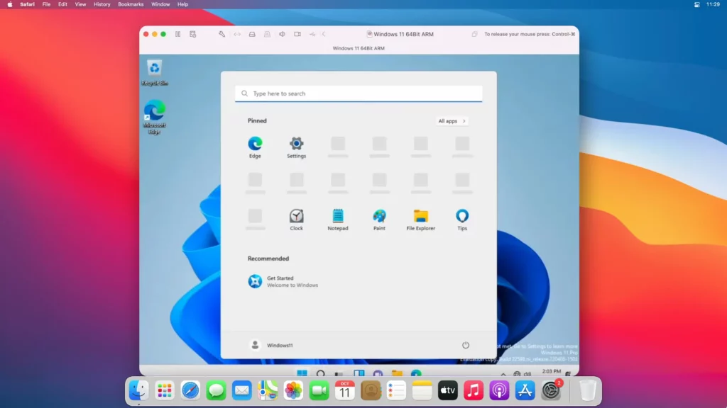 Screen of Windows Emulator on Mac