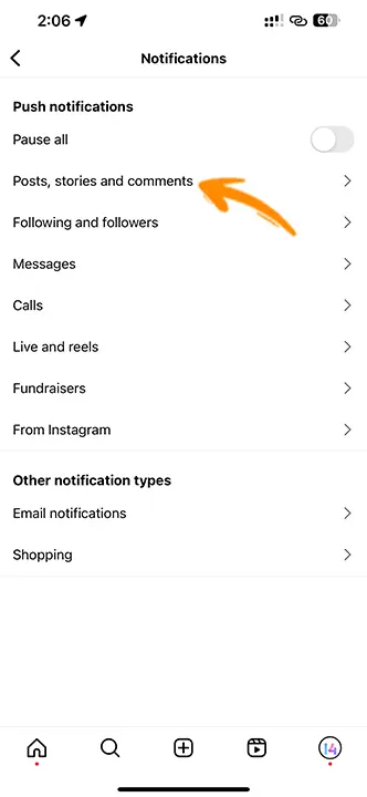 Select the Posts, Stories, and Comments section on instagram notifications