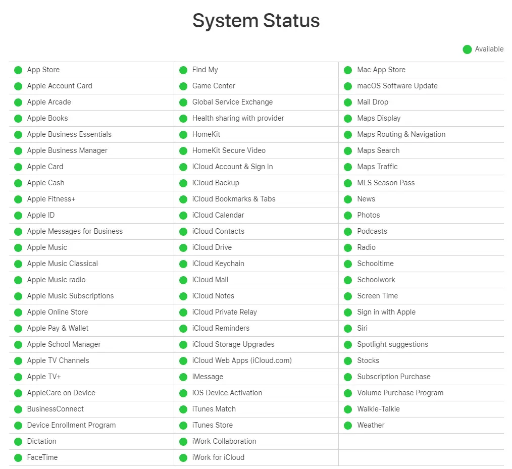 Check Apple System Status for error