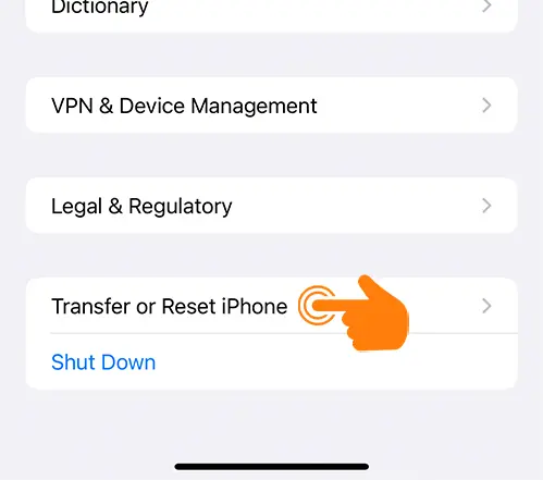 Open Transfer and Reset option on iPhone