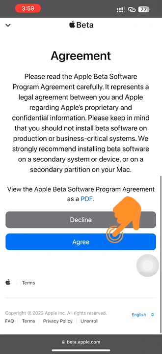 Agree Agreement for downloading iOS beta profile