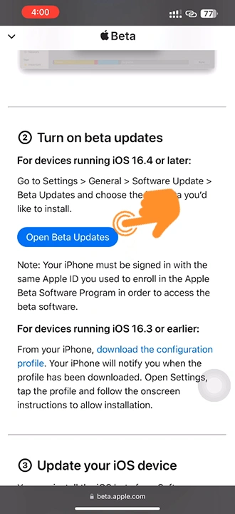 Click on Open Beta Updates