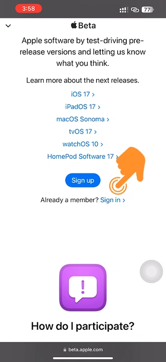 Click on Sign In under beta.apple.com website