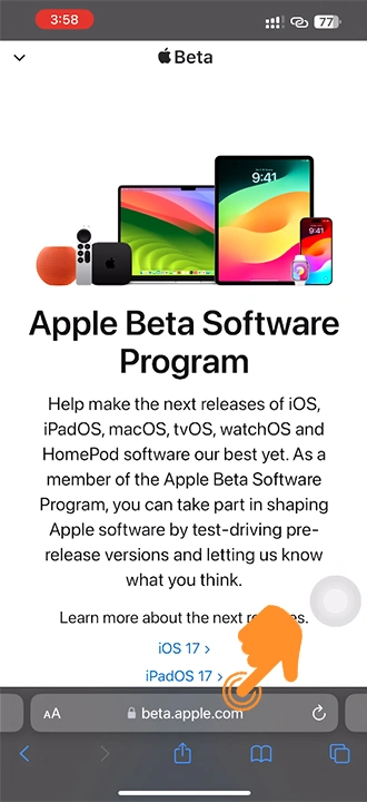 Open beta.apple.com website for download ios 17 public beta profile
