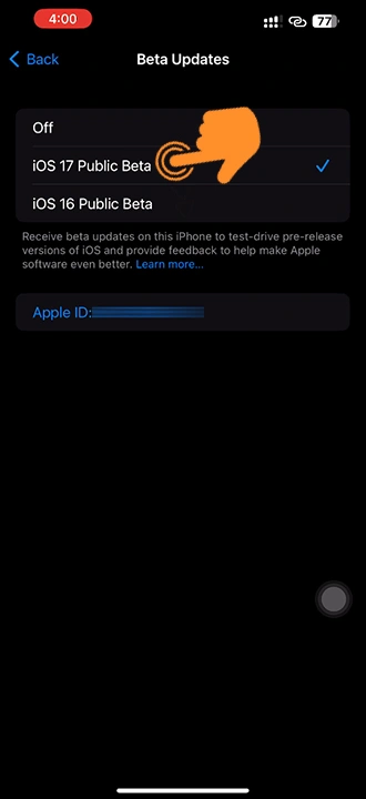 choose iOS 17 Public Beta under beta updates