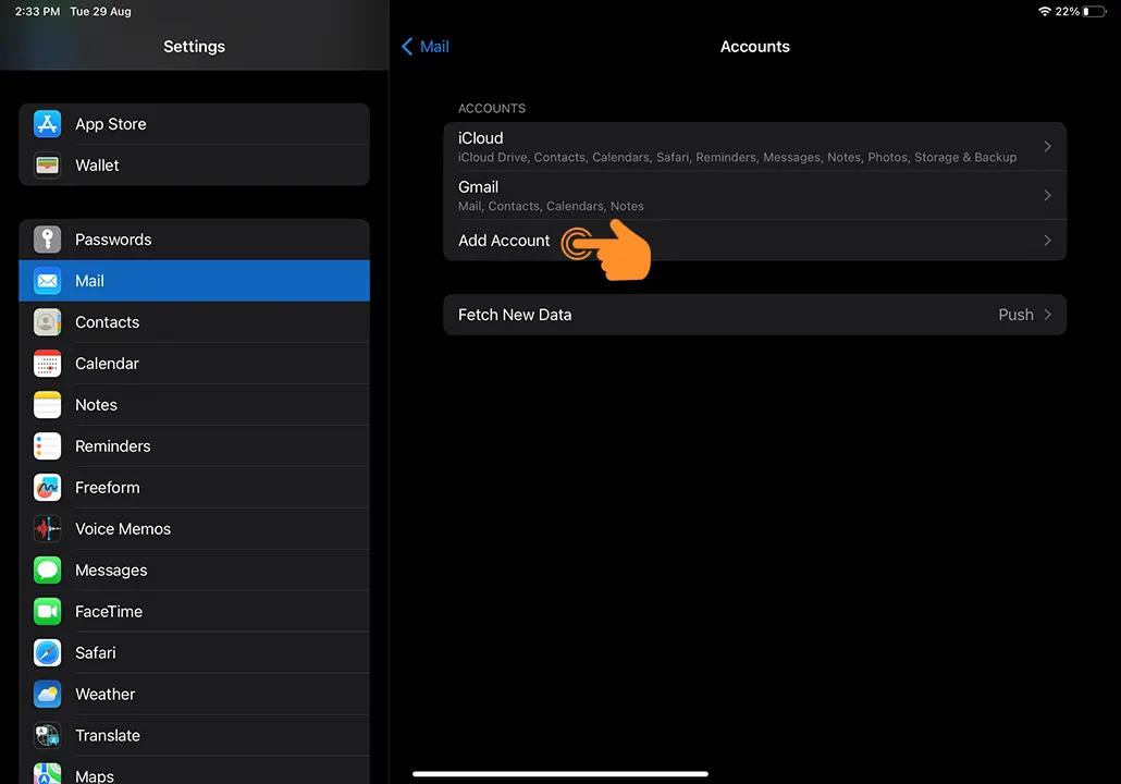 Add new Account in Apple Mail in iPad