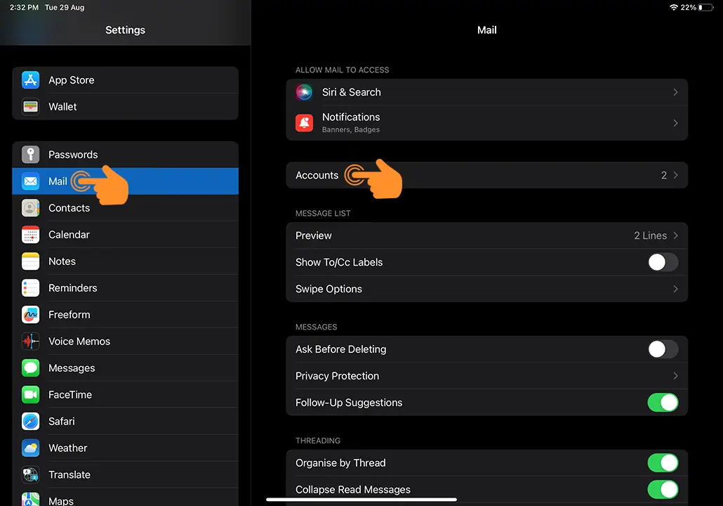 Open Mail and Accounts settings on iPad