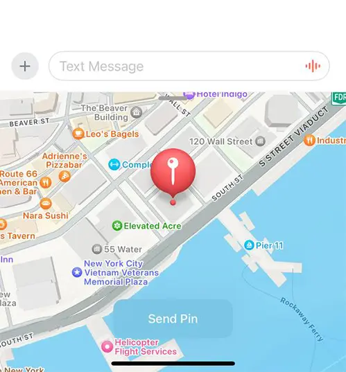 Select your location using Pin in Apple messaging app