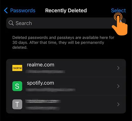 Tap on Select option to choose multiple passwords