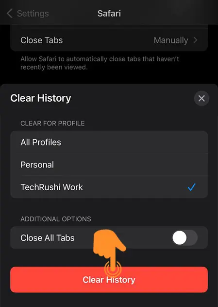 click on clear history to Clear Safari History of Specific Profiles