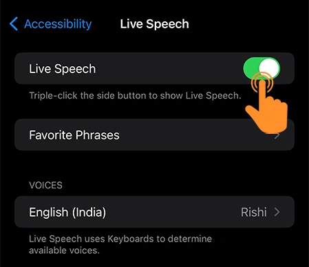 enable Live Speech toggle