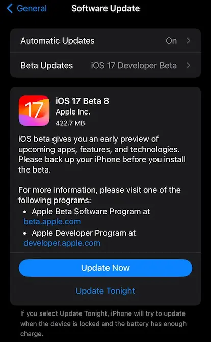 iOS 17 Beta 8 Update