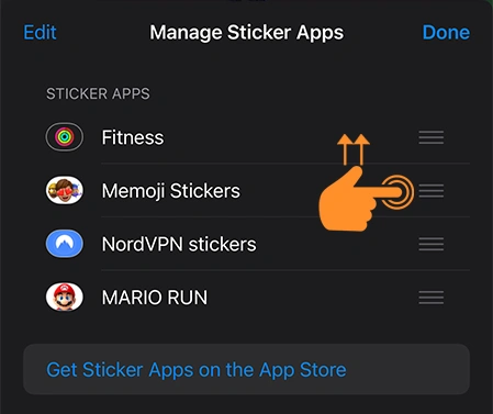 press and hold the three-line icon to Rearrange iMessage Stickers Apps