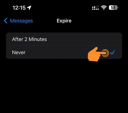 set Audio messages expire time to never