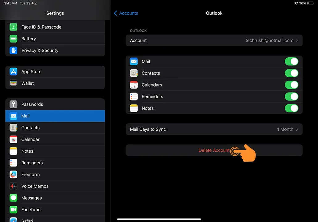 tap on delete account in Apple Mail