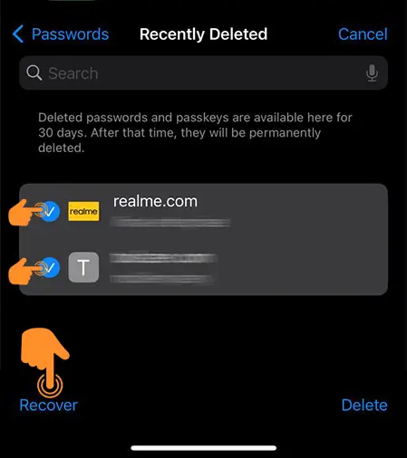 tap on recover to Recover Multiple Deleted Password