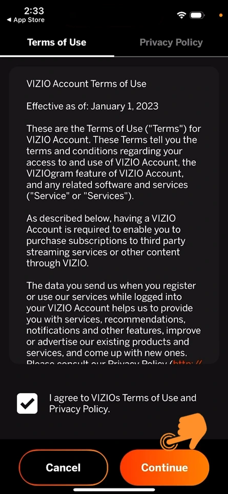 Accept Vizio terms