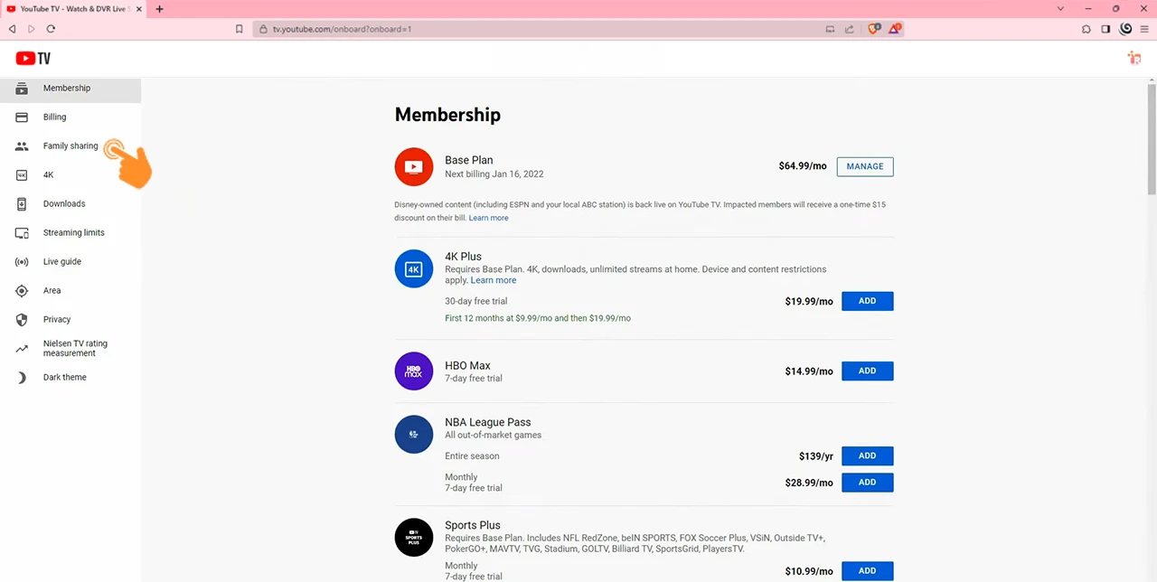 Click on YouTube TV Family Sharing options