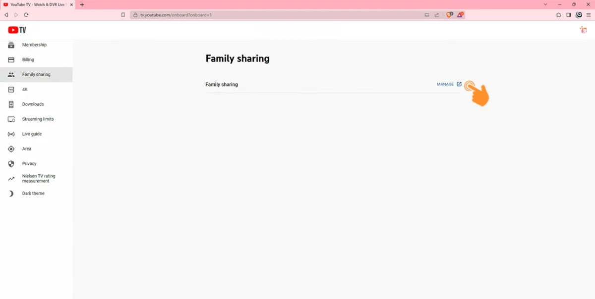 Click on the Manage under Family Sharing on YouTube TV