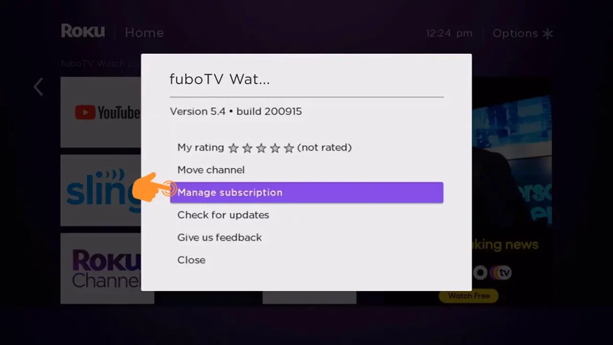 Click on the fuboTV Manage Subscription on roku