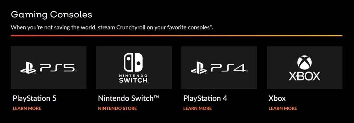 Crunchyroll supported Gaming Consoles