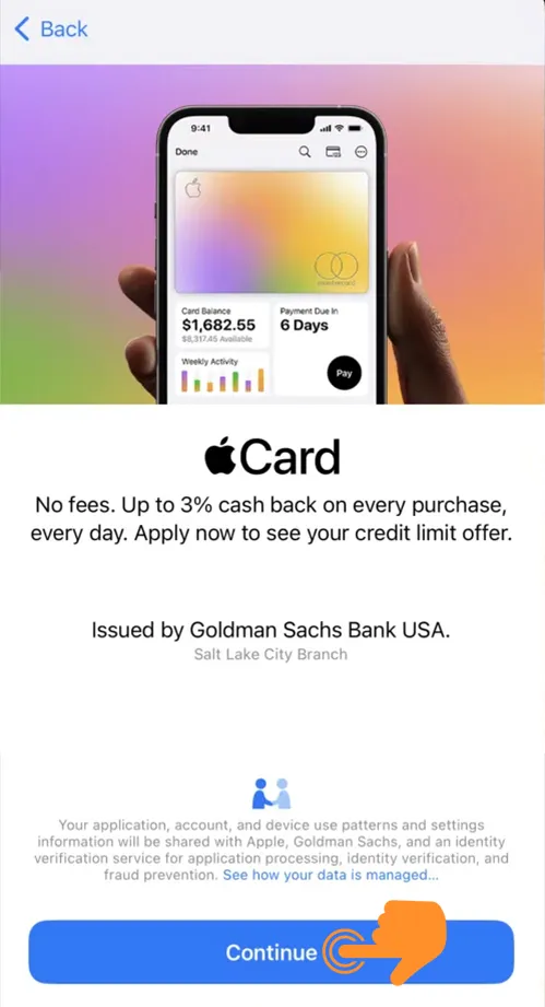 Read Apple Card instructions and tap on Continue