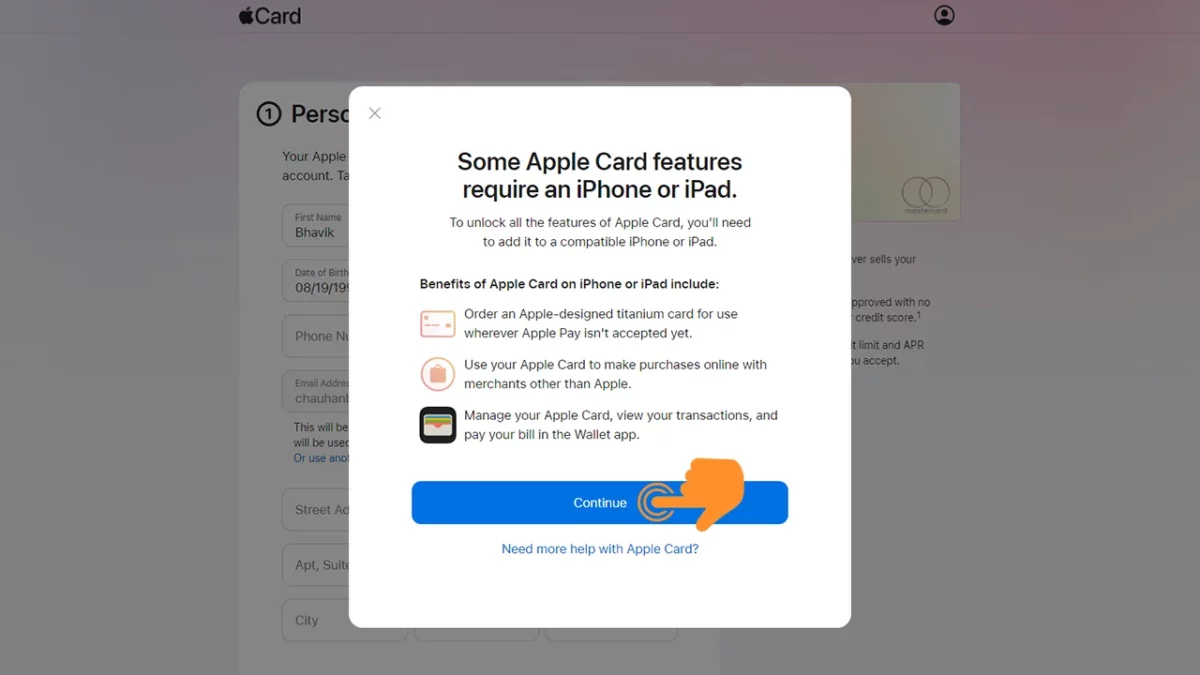 Tap on Continue for Apple Card Features Pop up