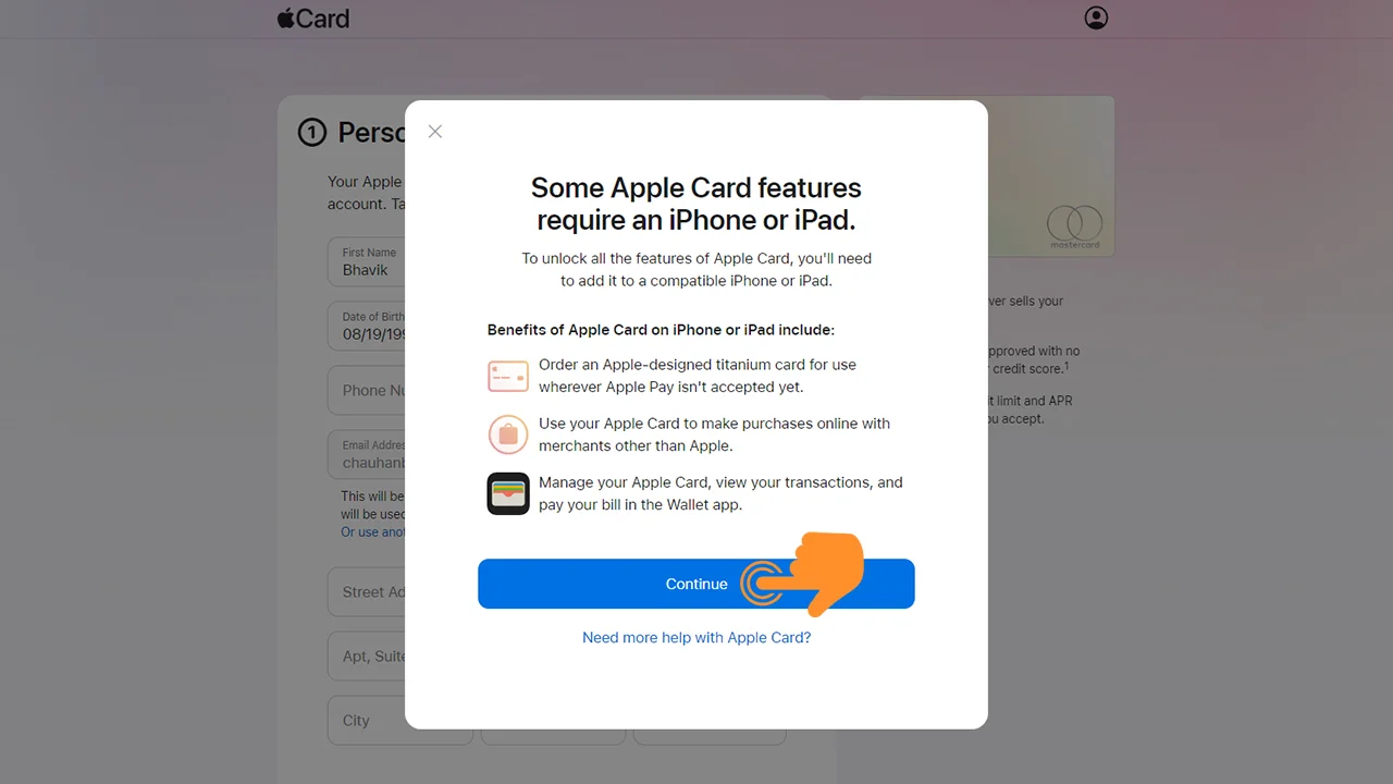 Tap on Continue for Apple Card Features Pop up