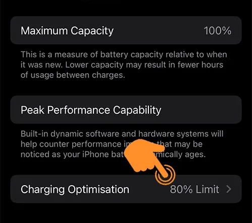 Tap on the Charging Optimisation on iPhone
