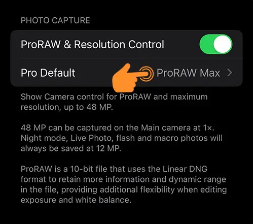 Tap on the Pro Defaults in ProRAW & Resolution Control